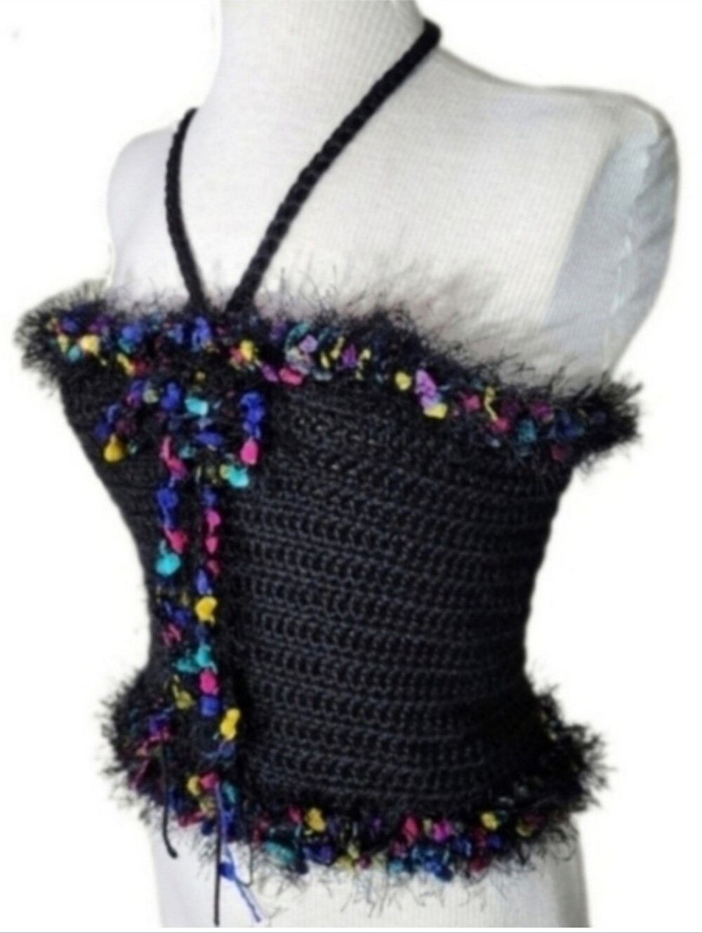 HANDCRAFTED Top Corsetted Cropped Crochet Black Size S